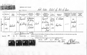 Birth Certificate Harry Alston McCartney, 13th July 1912, Port of Spain, Trinidad, West Indies